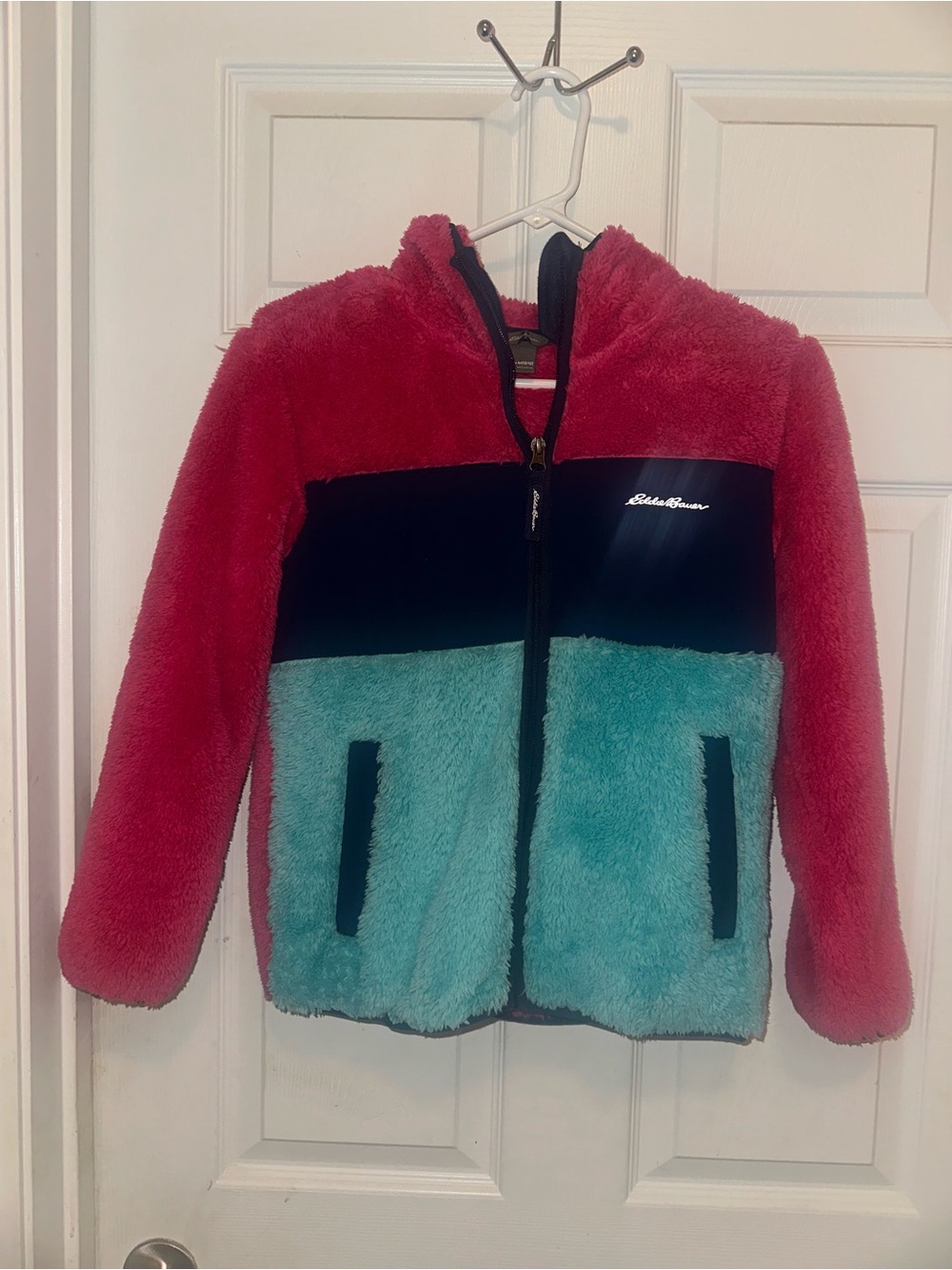Eddie Bauer Pink Sherpa Jacket with Navy Trim